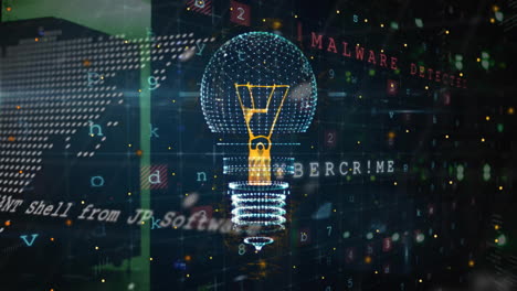 Animation of light bulb and digital data processing over dark background