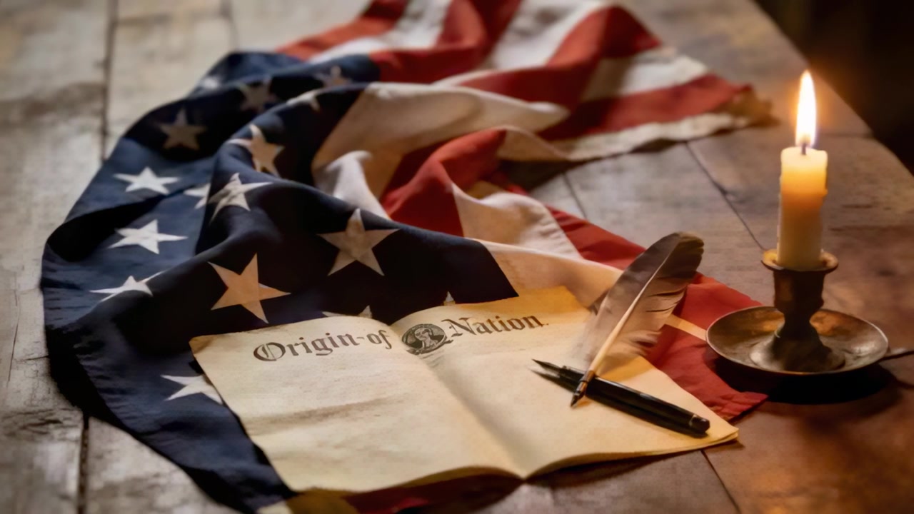 Flickering candle flame casting warm glow in study, lighting Origin of Nation, flag, quill, pen