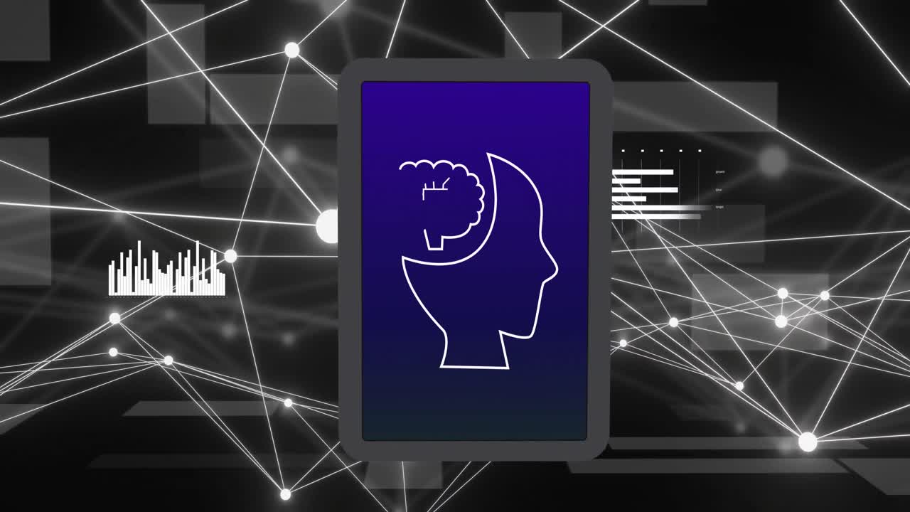 animación de la red de conexiones y íconos ai sobre fondo negro