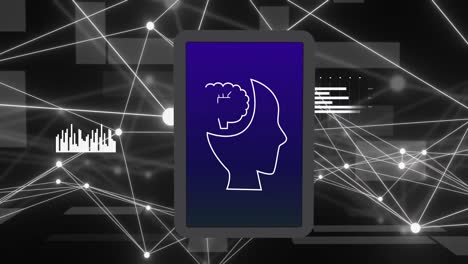 animation of network of connections and ai icons over black background