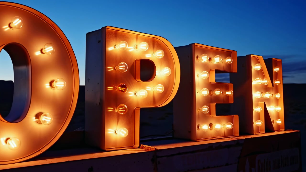 static display of illuminated 'open' sign in an outdoor scene with a clear blue sky and distant landscape, captured from a wide-angle shot that highlights the letters against the sky, ideal.