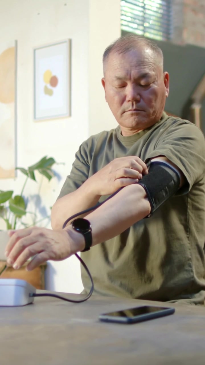 Video vertical: Hombre asiático presionando iniciar en el dispositivo, colocando el brazalete en el brazo izquierdo en casa, revisando la presión arterial.