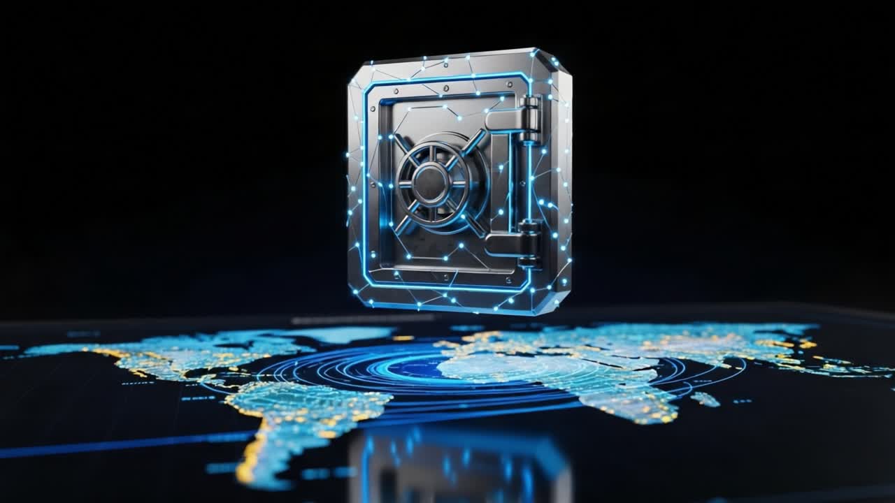 A futuristic digital vault with a high-tech design, suspended above a glowing world map, representing advanced security and data protection technologies.