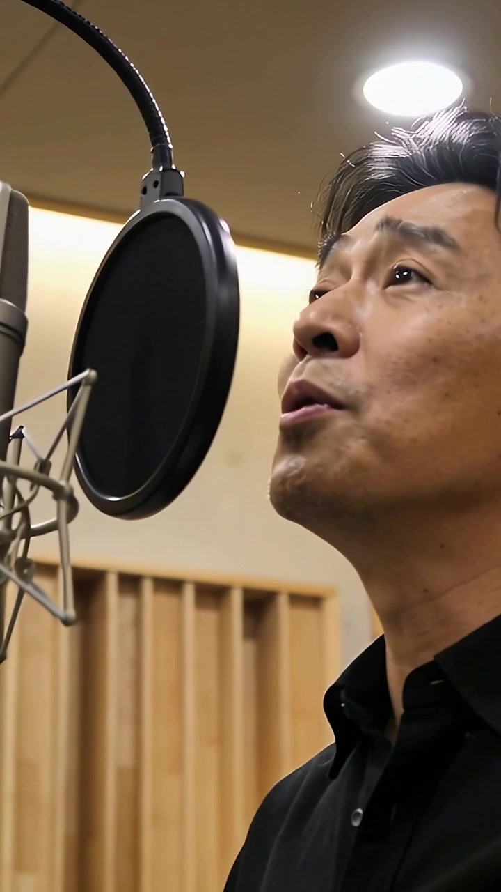 Video verticale: Mani che regolano il microfono e il filtro anti-pop, cantante in top nero in una ripresa in studio di registrazione.