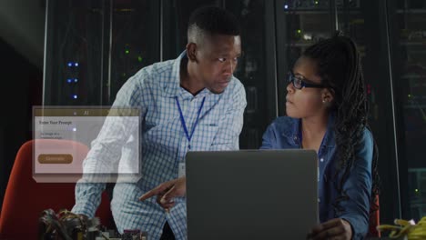 animation of speech bubbles over diverse it engineers by computer servers