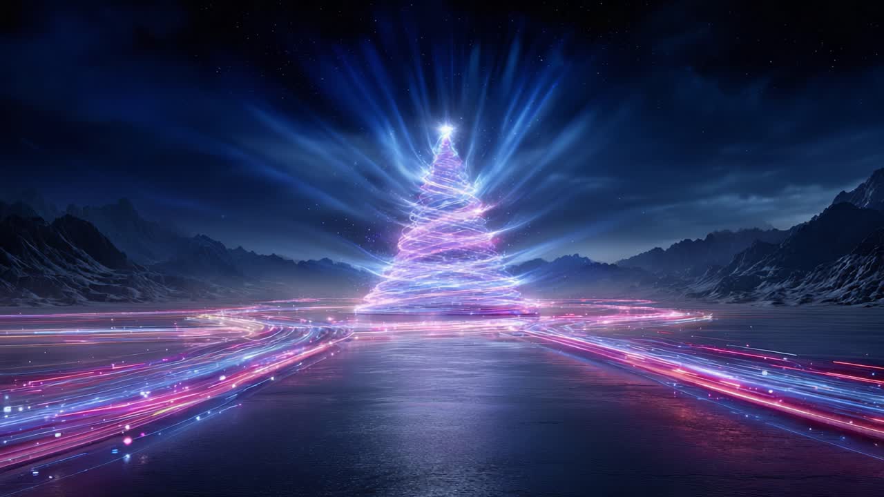 A Vibrant and Magical Light Display of a Christmas Tree Surrounded by Colorful Trails on a Frozen Landscape Under a Starry Night Sky