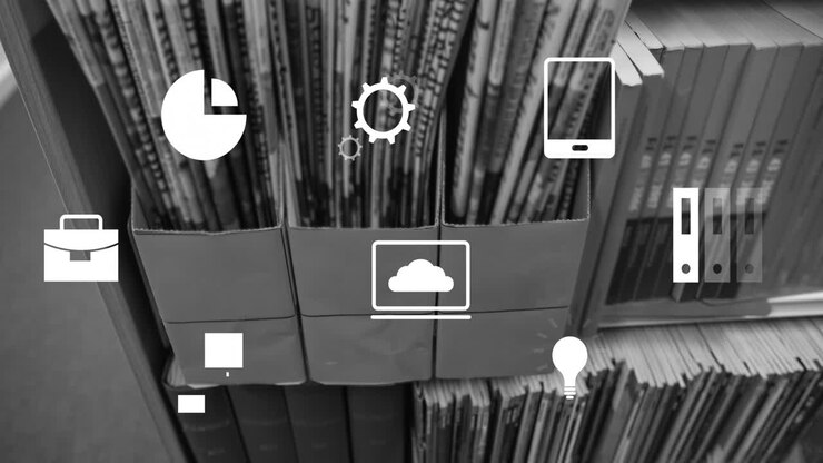 Office icons animation over organized files and documents on shelves