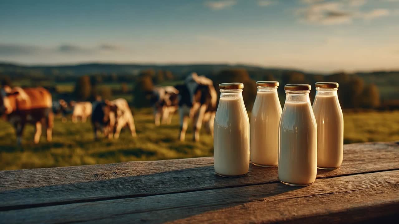 Botol susu segar di atas meja kayu dengan sapi-sapi di latar belakang