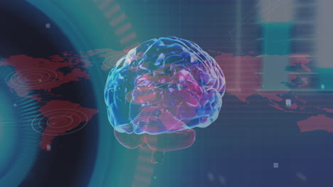 animación del cerebro humano, procesamiento de datos sobre el mapa del mundo