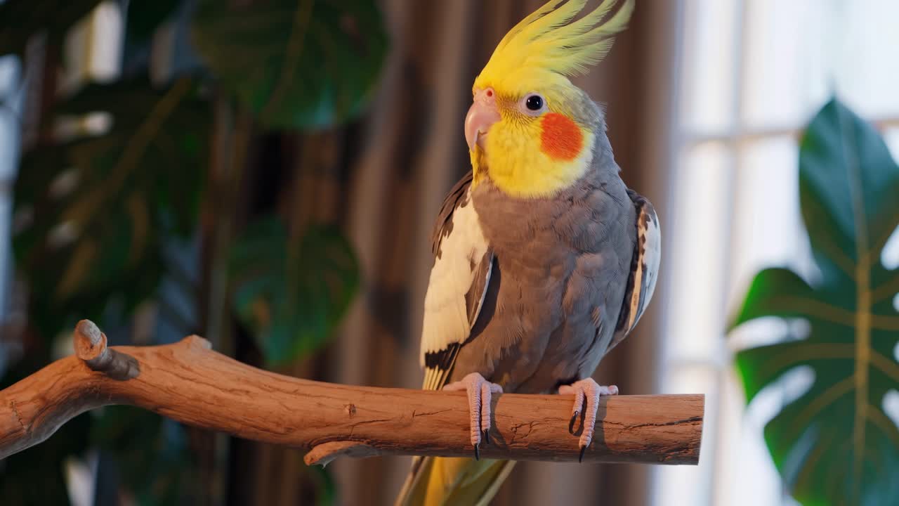 Close-up video of a cockatiel perched on a branch, captured at eye level