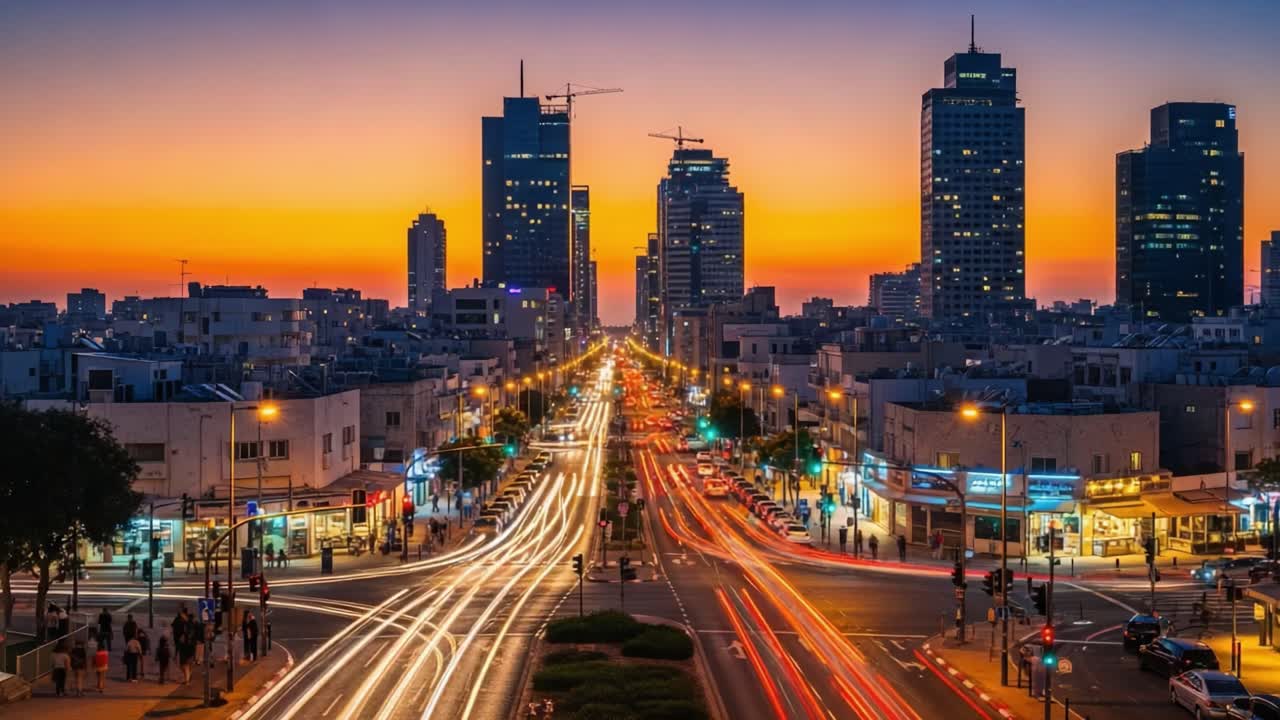 Tel Aviv City Street at Dusk with Traffic Light Trails