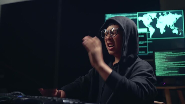 Ragazzo hacker asiatico che hackera il computer e ha un'espressione delusa