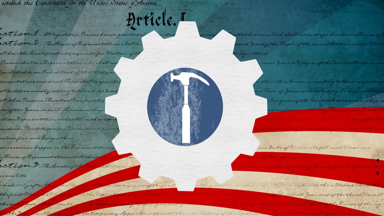 Animation of labor day hammer over cog, constitution text and american flag