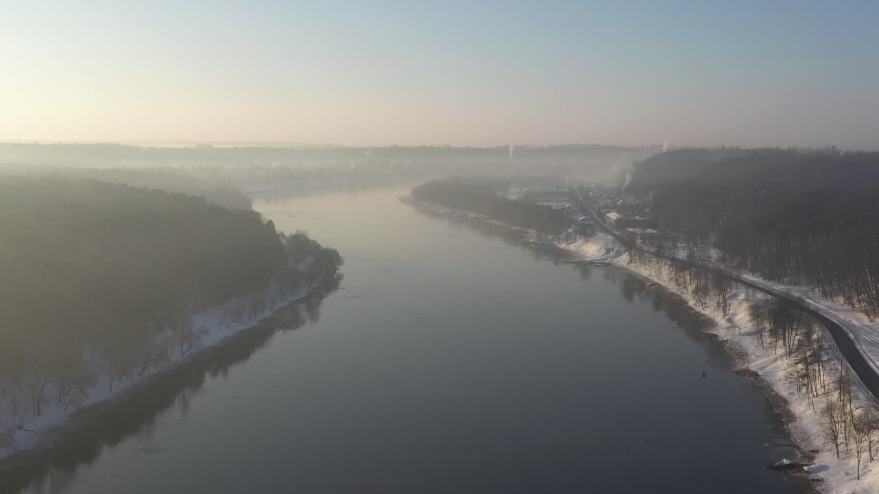 Nemunas river in cold winter morning. Drone aerial view