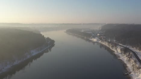 nemunas river in cold winter morning. drone aerial view
