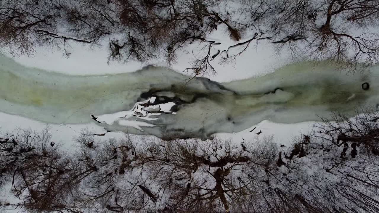 Ripresa verticale con drone di un fiume in Canada che inizia a sciogliersi alla fine dell'inverno.