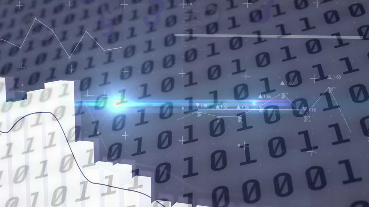 Animation of binary coding and financial data processing over black background