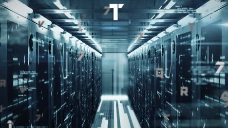 animación de números cambiando sobre la sala de tecnología con servidores de computadora
