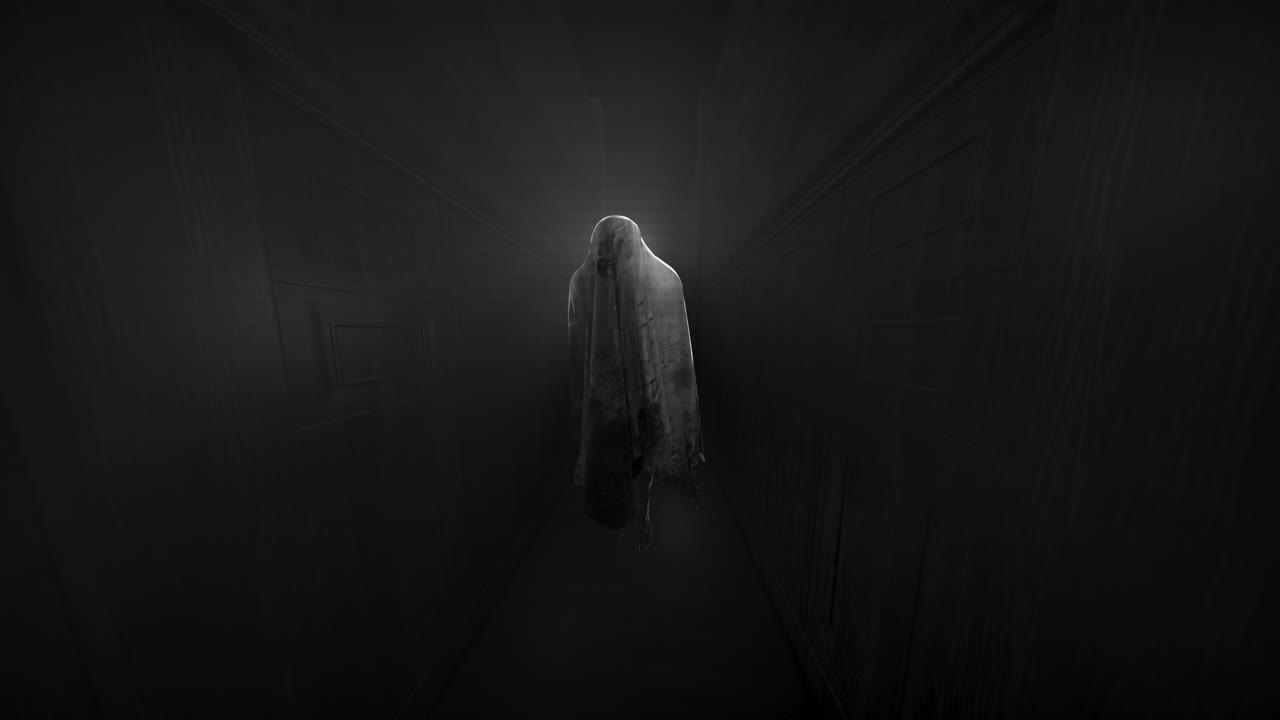 Animation of moving ghost and buildings on black background