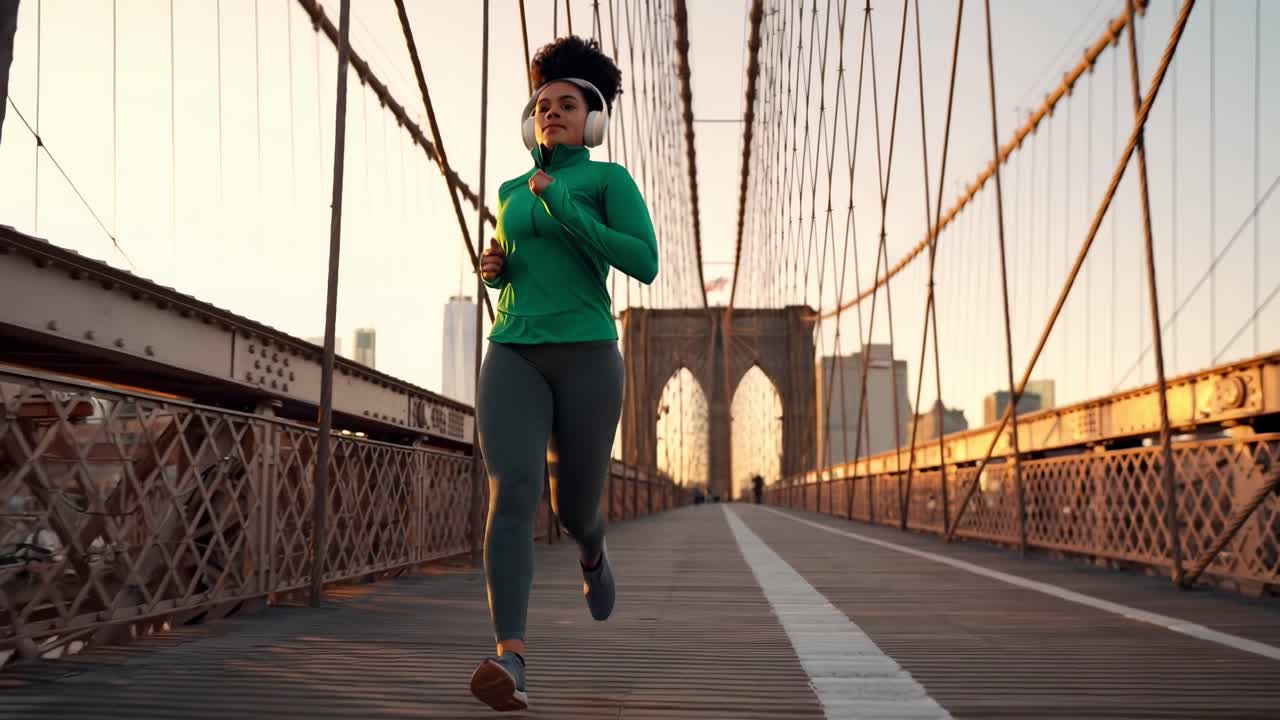 Video ripreso dal basso di una donna che fa jogging su un ponte all'alba, catturando vibrazioni di fitness urbano.