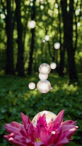A serene forest scene with sunlight streaming through trees, captured from a low angle