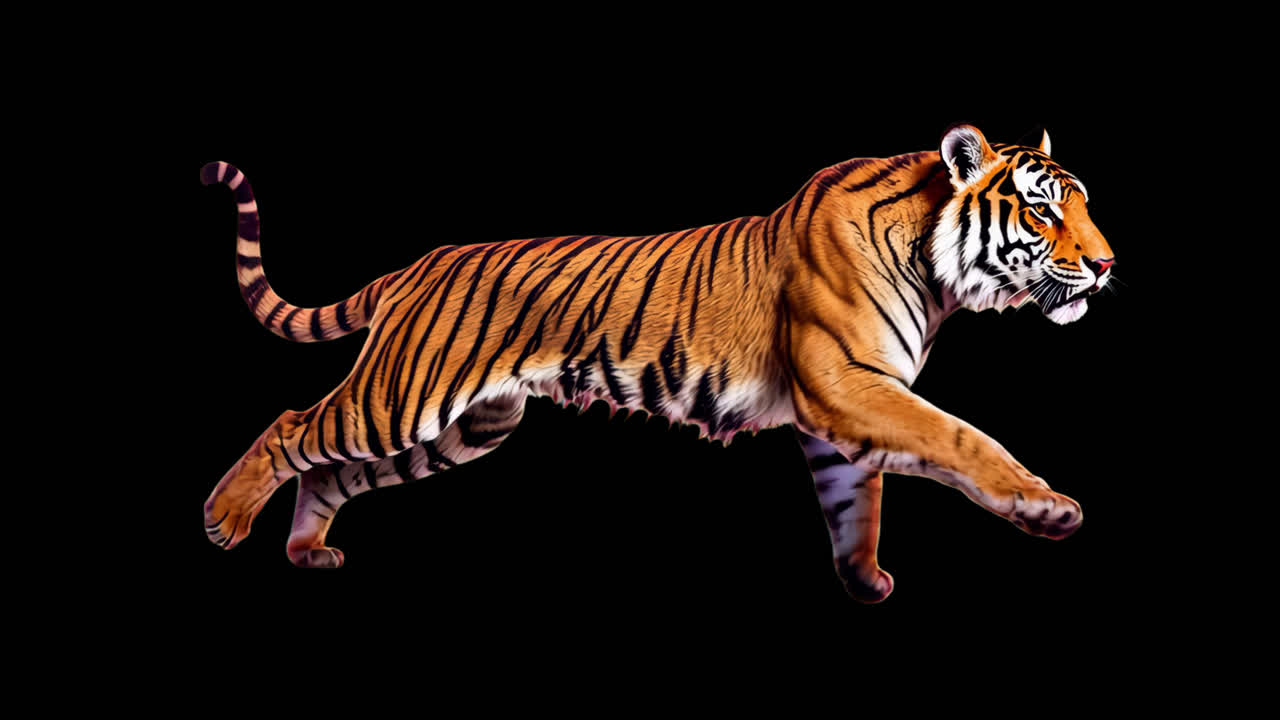 Running tiger animation isolated asset, transparent 4K video, alpha channel, ProRes 4444
