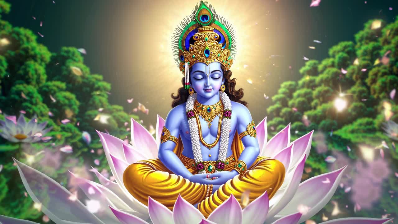 Spiritual deity Krishna sits in meditation on a lotus flower, emanating tranquility amidst a serene backdrop of falling petals and soft light