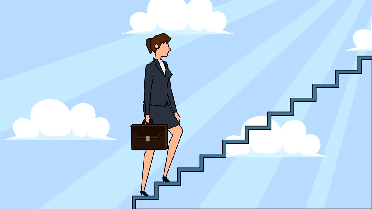 personaje de mujer de negocios de dibujos animados plano con bolsa de caso sube la escalera de la carrera escaleras de concepto de animación