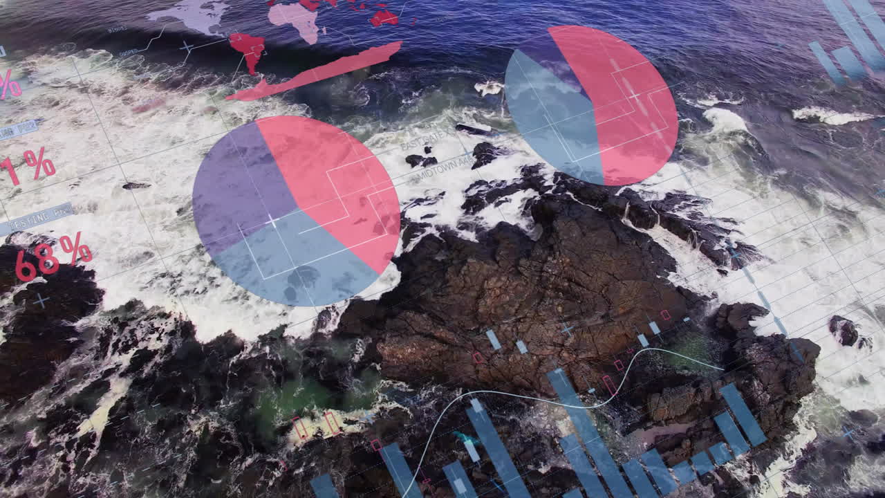 Ocean waves crashing on rocky shore with data visualization animation overlay