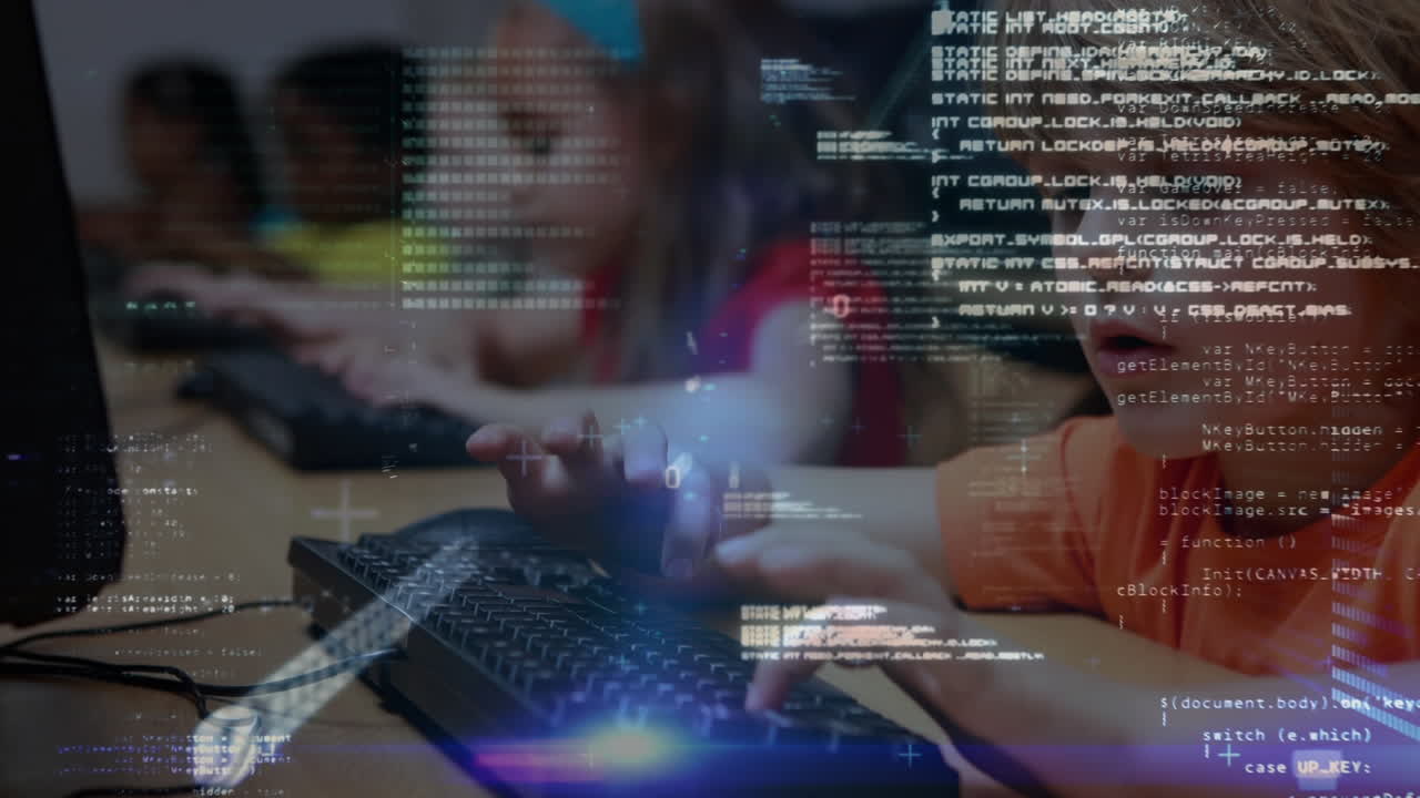 Animation of kids using computers over data processing in the background