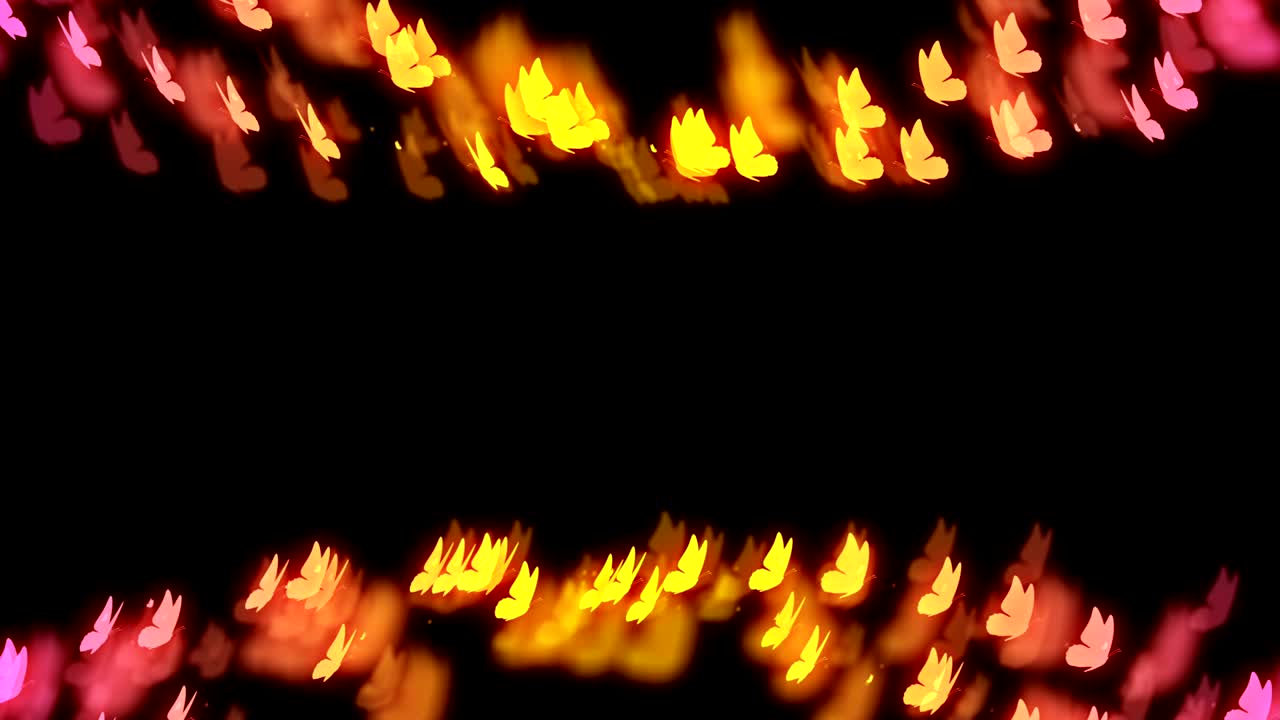 추상적인 보케 빛은 나비 날아가는 패턴을 반인다 노란색과 분홍색 그라디언트 어두운 배경에 컬러 일러스트레이션, 중간 복사 공간과 함께 원활한 루핑 애니메이션 4k