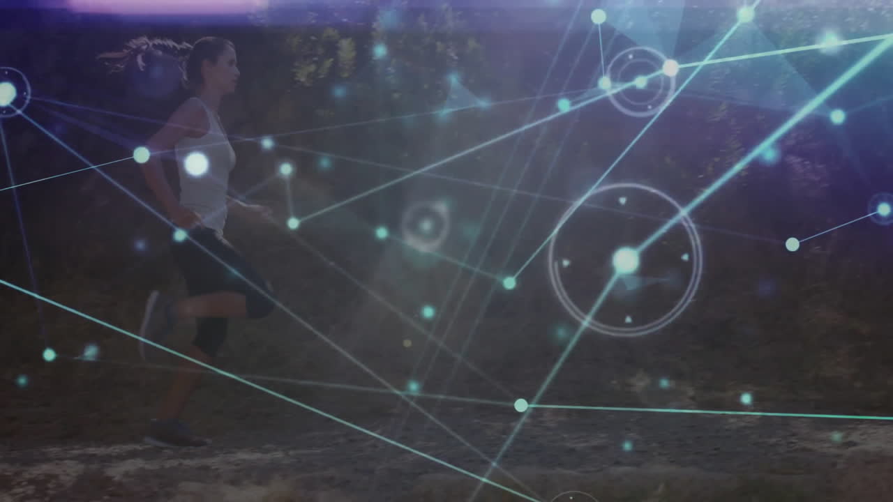 Jogging in wooded area, person surrounded by digital network connections animation