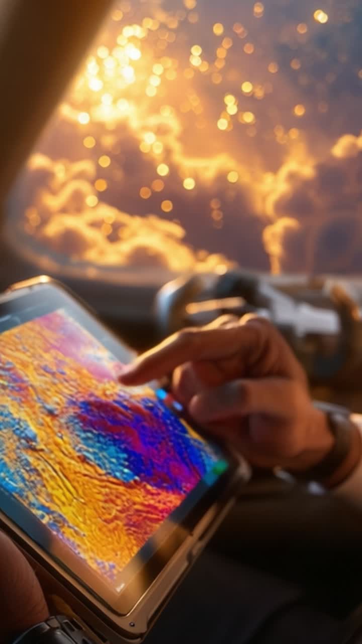 Pilot nutzt fortschrittliche Technologie zur Flugnavigation, mit farbenfrohen Wettermustern, die während des Sonnenuntergangs durch das Cockpitfenster sichtbar sind.