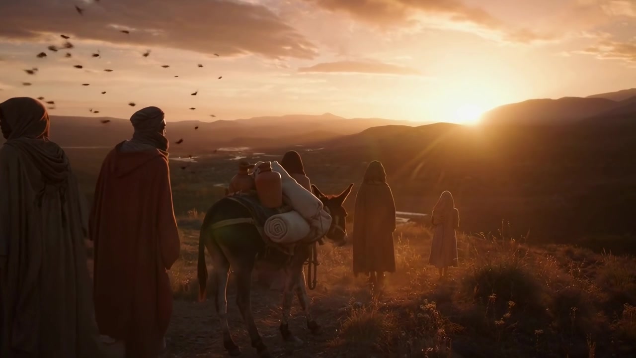 Antichi viaggiatori e un asino in viaggio attraverso un paesaggio desertico al tramonto.