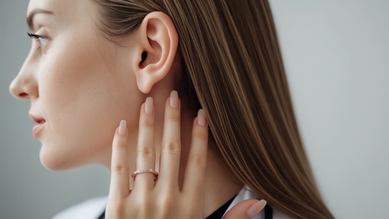 Touching fingers to ear, woman closing eyes and tucking hair at studio revealing ring, white collar