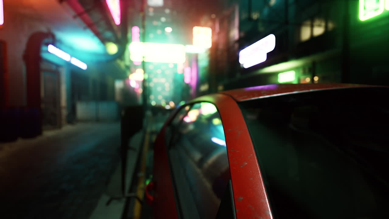 부드러운 흐릿한 다채로운 빛이 도시 나이트 라이프의 건물을 따라 보케 신호판을 띄우고 있습니다.