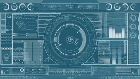 animation of scanner and multliple charts processing data on interface with blue background