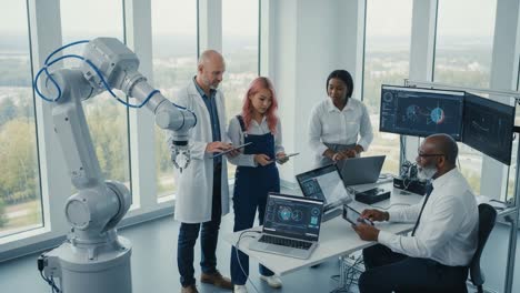 collaboration in robotics: a team of professionals engage with advanced technology and data analysis in a modern research environment