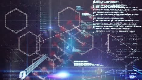 animación de la cadena de adn y procesamiento de datos sobre formas en fondo negro