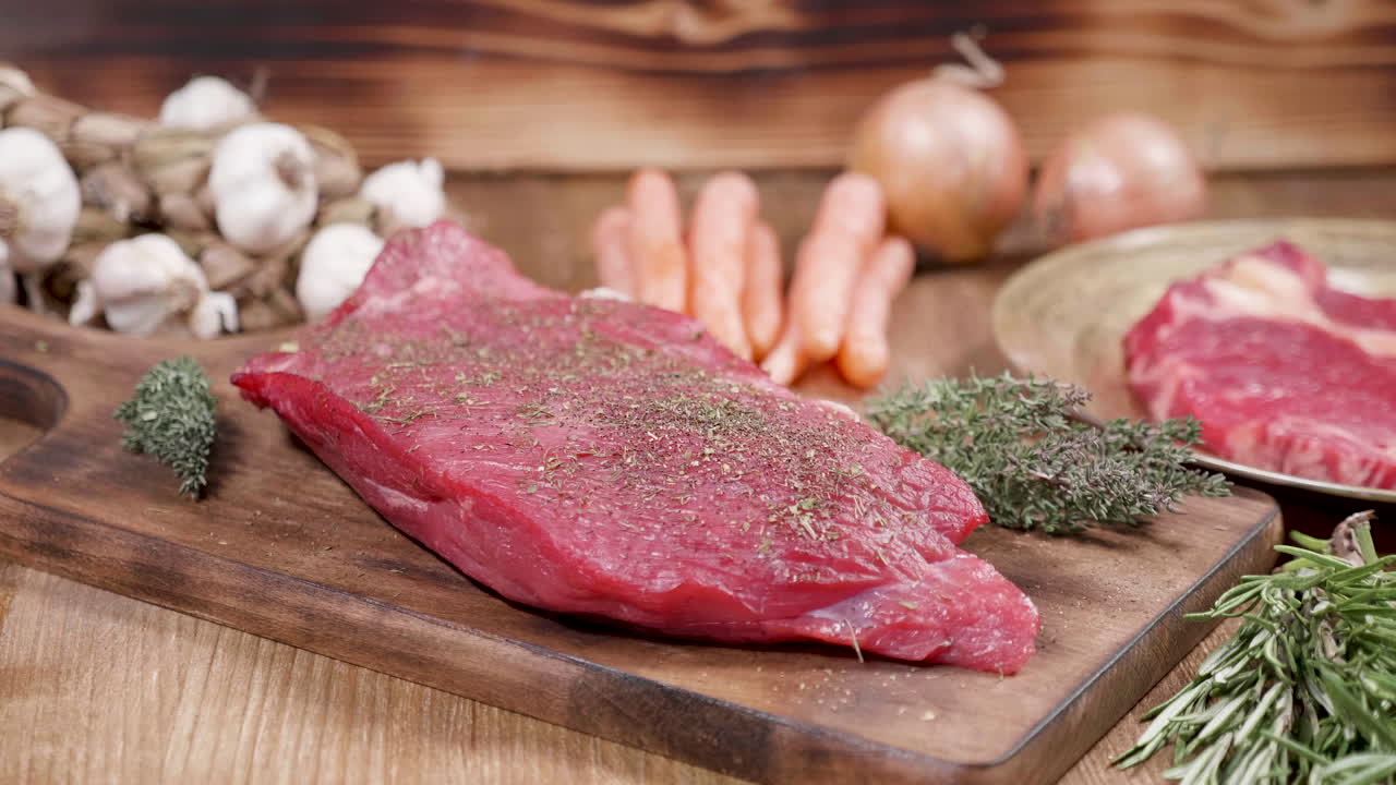 Raw beef steak with fresh ingredients