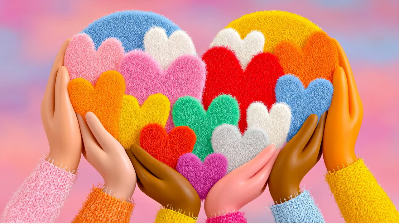 Colorful hearts held by diverse hands. Hands of different skin tones hold vibrant fuzzy hearts against a soft pastel background, symbolizing love and unity