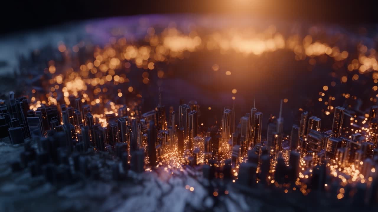 Aerial View of a Futuristic Cityscape Illuminated by Glimmering Lights Surrounded by a Breathtaking Atmosphere at Dusk with a Beautiful Sunset Glow