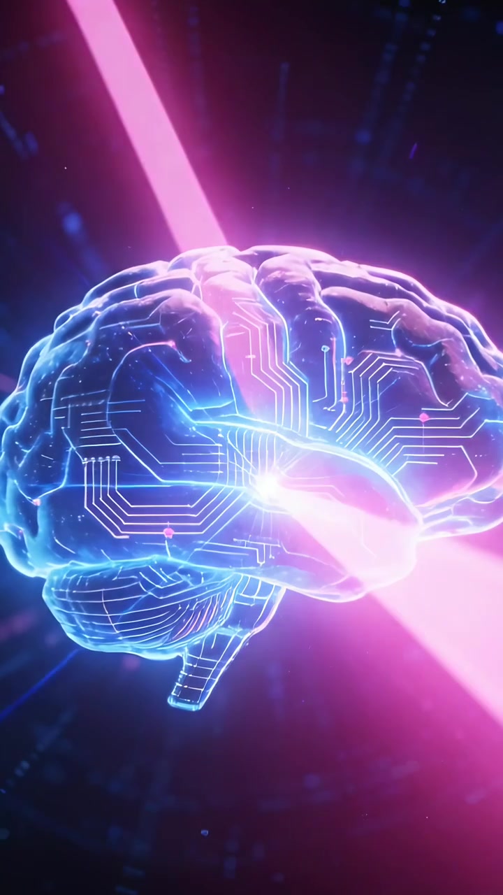 Vertical video: Sweeping magenta beam activating neon brain hologram in dark grid, pulsing circuits