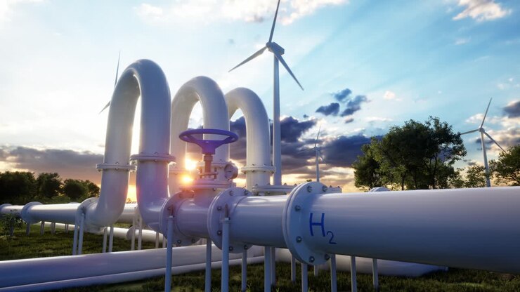 Hydrogen Pipeline And Wind Turbines. Photovoltaic Panels Enhance Clean Energy Generation. Sunset