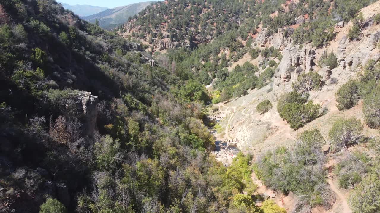 Sweeping drone view over a Utah canyon and tree-lined trail that ends at natural hot springs. Ideal for nature, wellness, and travel visuals
