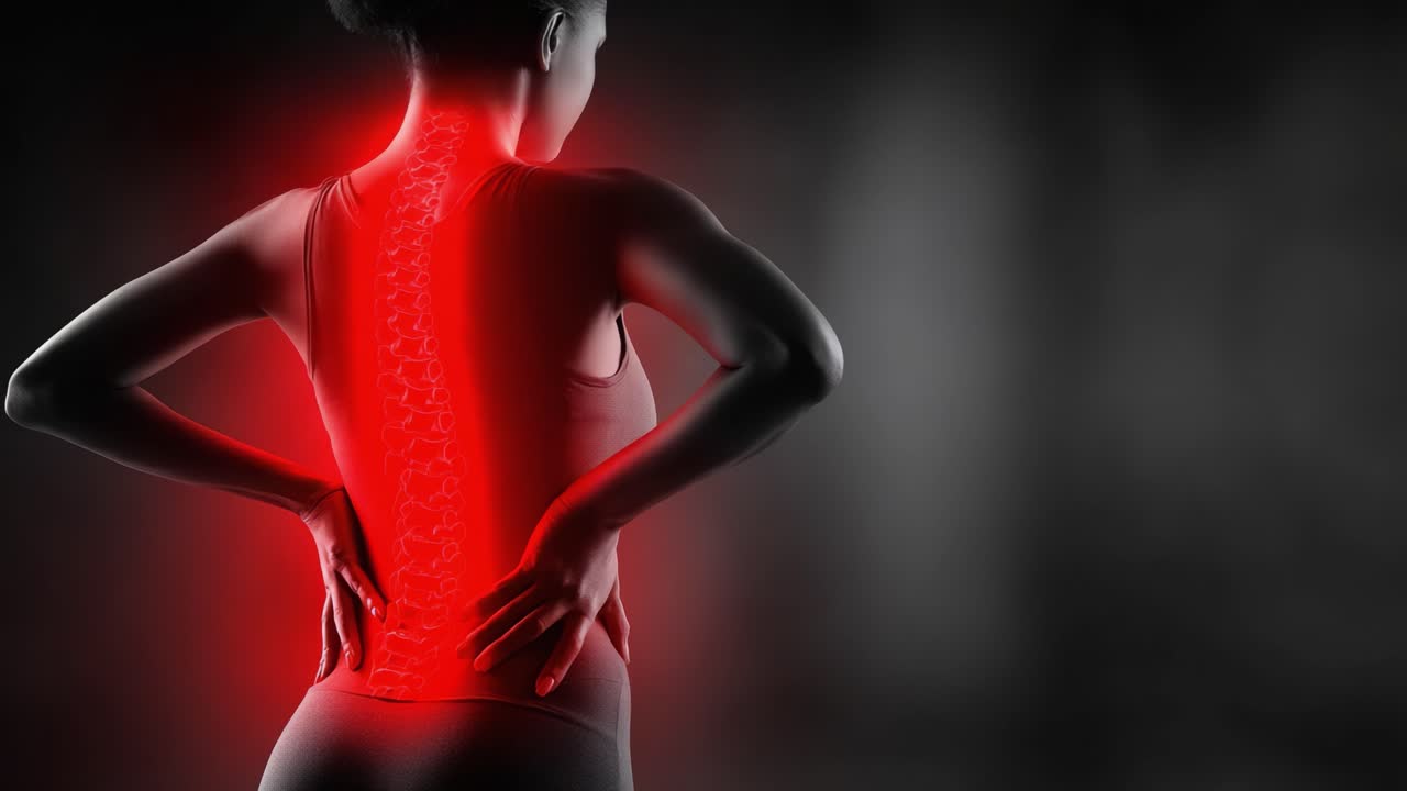 This striking image illustrates the impact of back pain, highlighting the spinal region with a vibrant red glow, capturing the attention on posture and discomfort