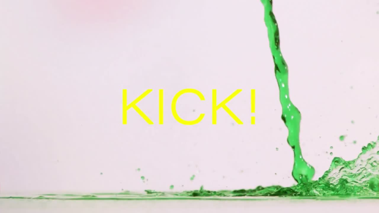 Animation of kick text over liquid on white background