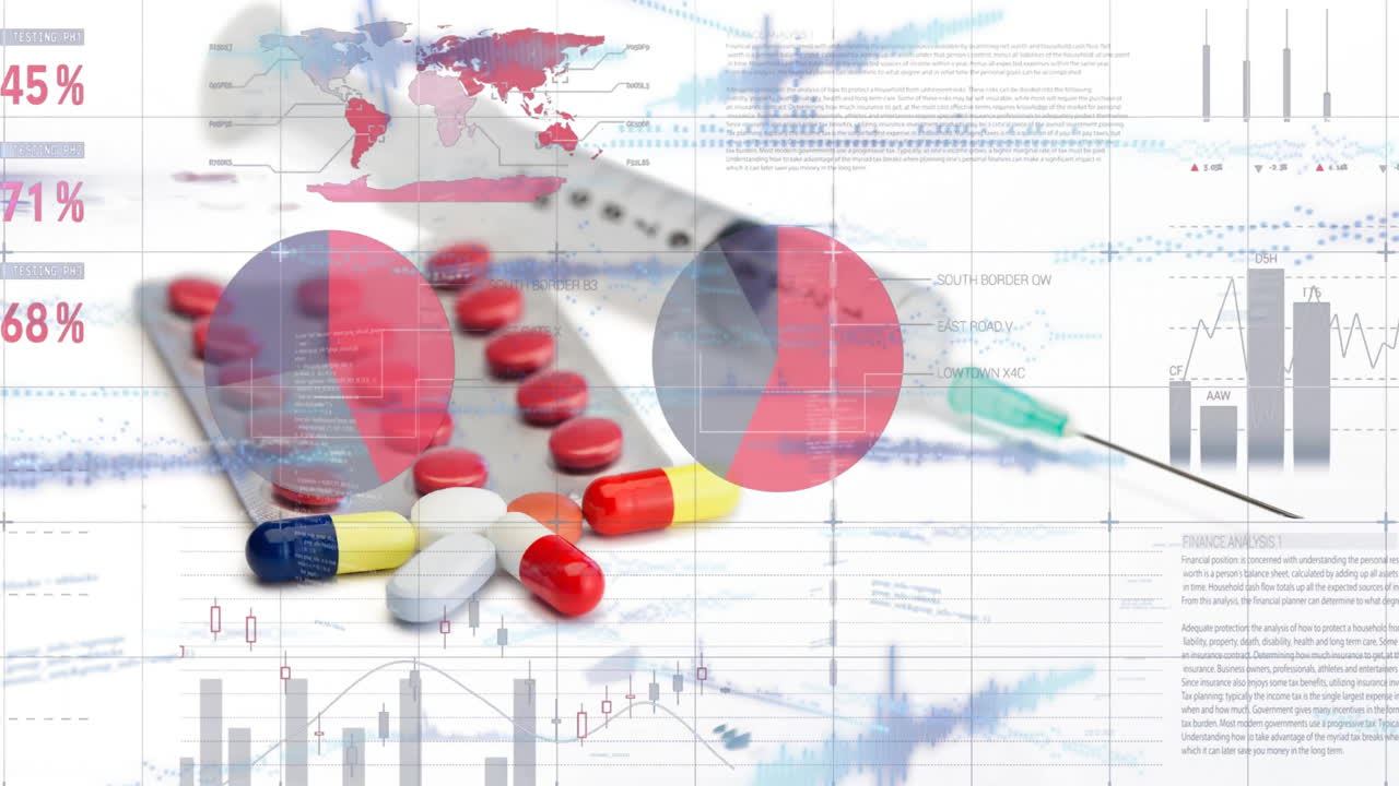 Medical data and statistics animation over pills and syringe on white background