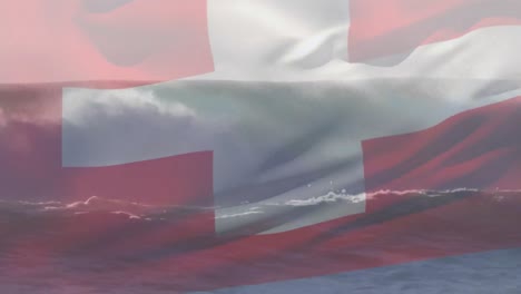 animation of flag of blowing over waves in sea