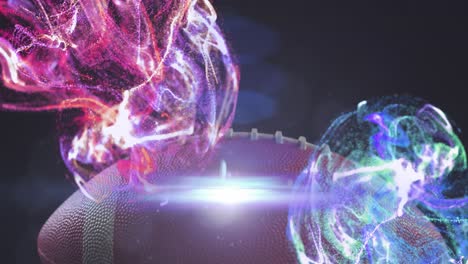 animation of lens flare and multicolored abstract pattern over rugby ball against black background